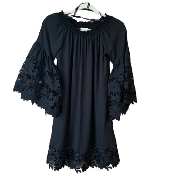 Joseph Ribkoff Guipure Bell Sleeve Women's X-Small Lace Trim A-Line Black Dress - Picture 4 of 15
